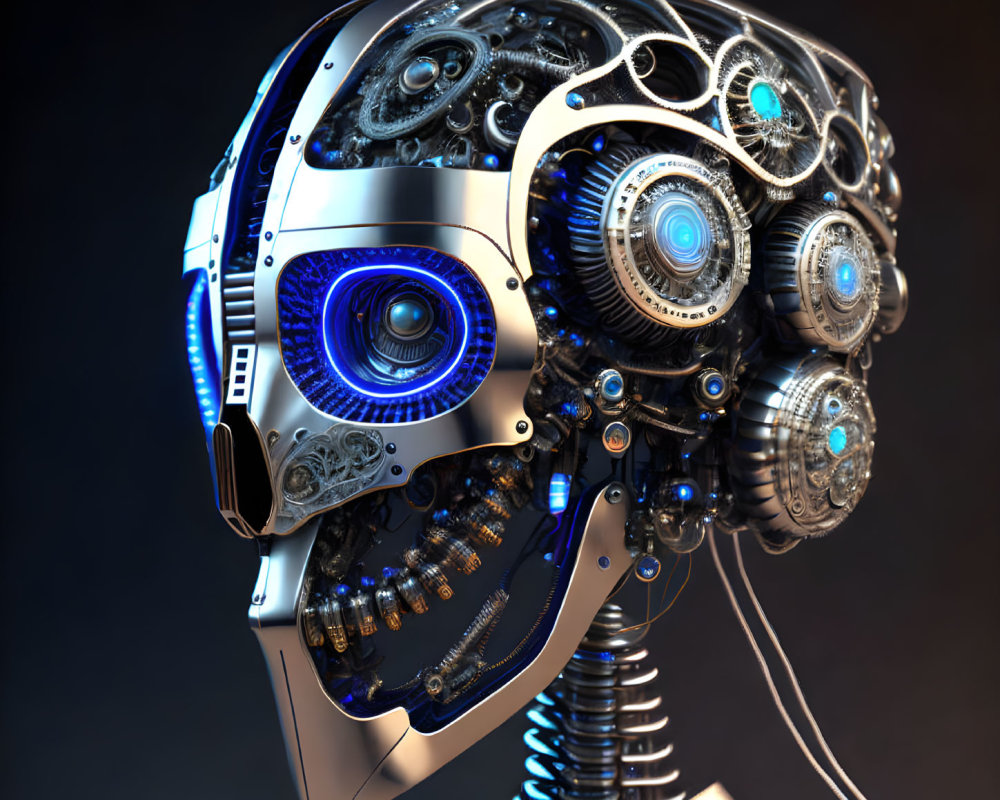 Robotic head with blue glowing eyes on dark background