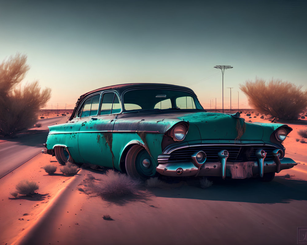 Vintage Car with Peeling Turquoise Paint in Desert Twilight