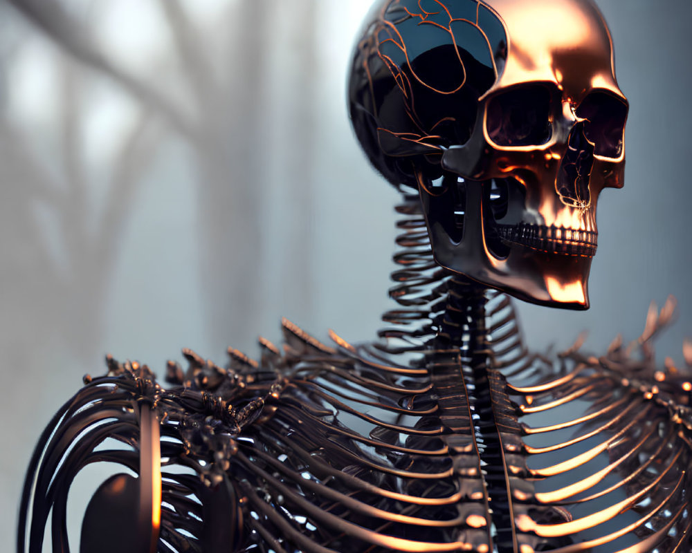 Metallic Skeleton with Crack-Like Skull in Misty Setting