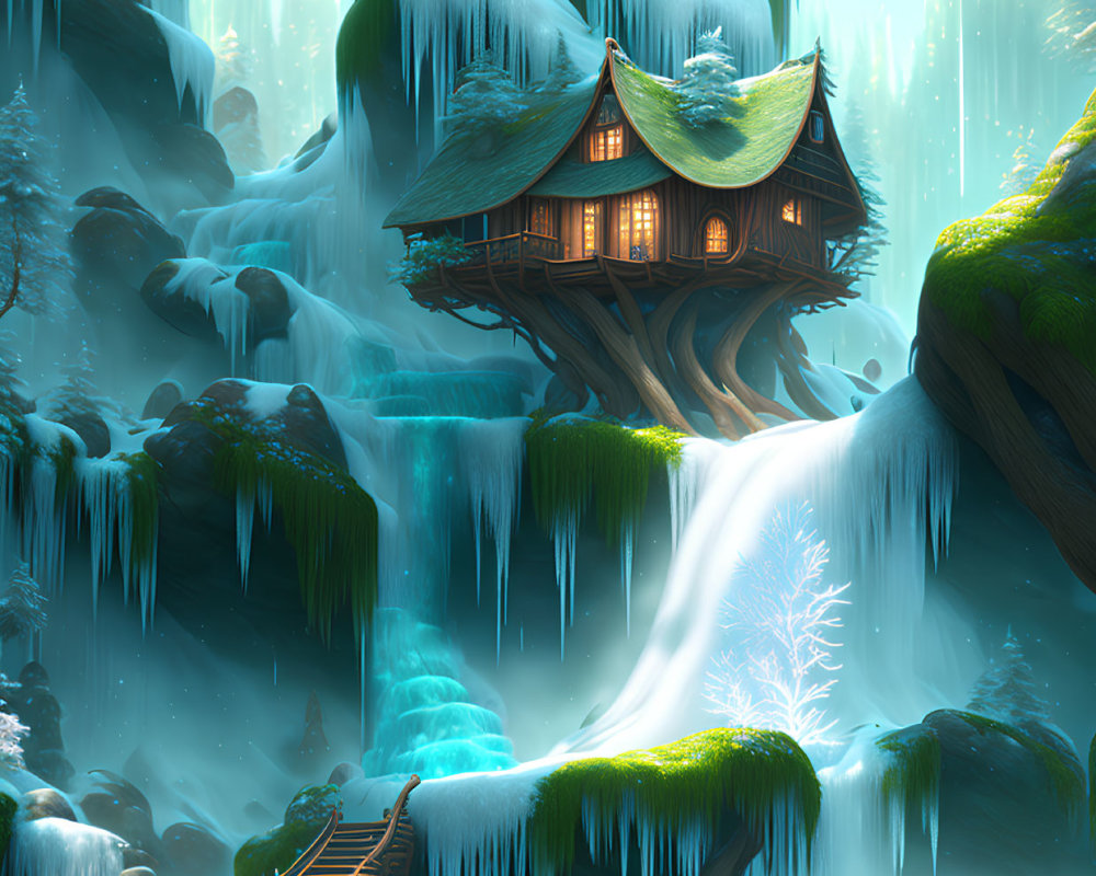 Enchanted forest scene with waterfall, wooden house, ice formations, bridge, and ethereal light