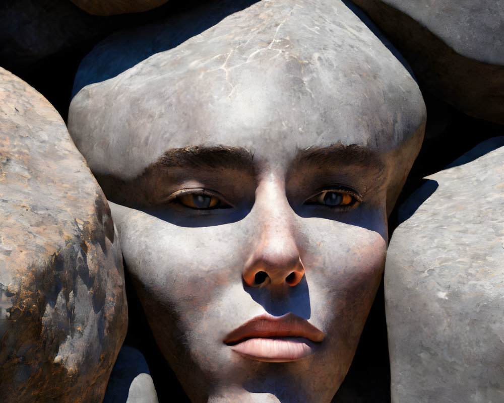 Realistic human face blends with stones seamlessly