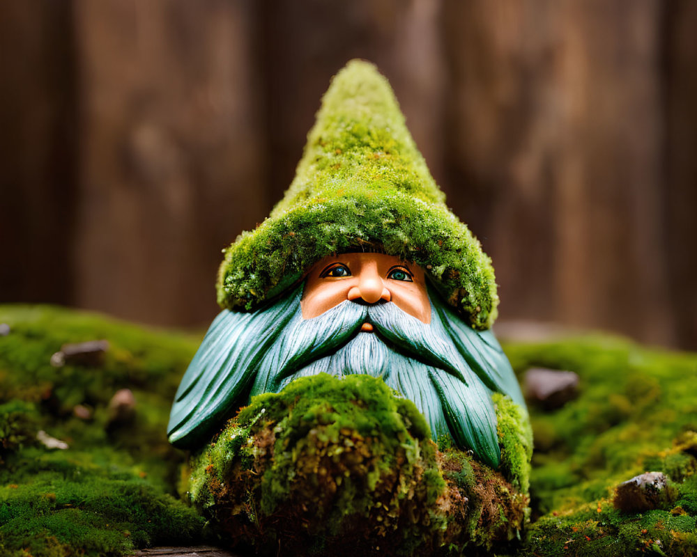 Green-bearded garden gnome on wooden surface against moss-covered hat and background