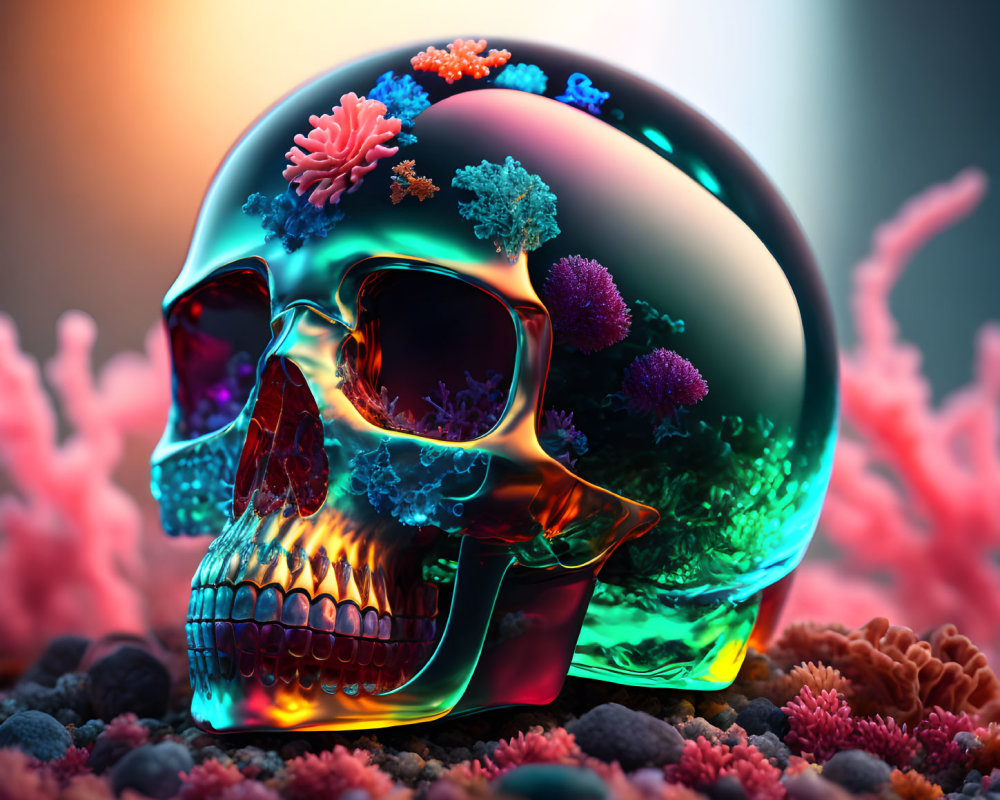 Colorful Chromatic Skull Reflecting Amidst Coral Structures