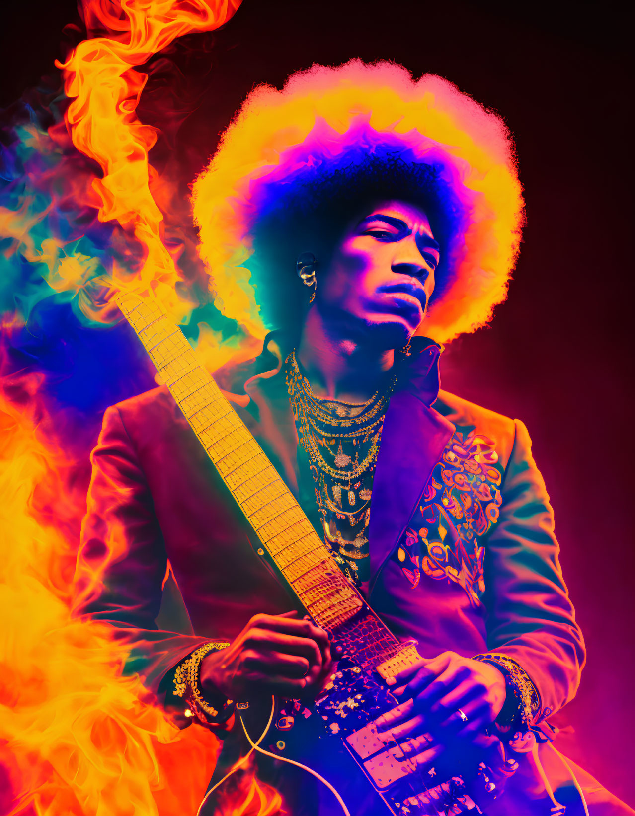 Colorful musician with afro playing electric guitar in fiery backdrop