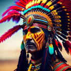 Native American person in vibrant headdress and painted face with stern expression.