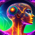Colorful humanoid with neural patterns and eye-like structure in brain surrounded by vibrant energy.
