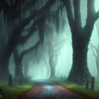 Eerie misty forest with gnarled trees and ghostly light