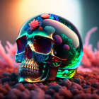 Colorful Chromatic Skull Reflecting Amidst Coral Structures