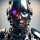 Detailed Female Robot with Blue and Purple Eyes on Gray Background