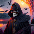 Skeleton in Red Hooded Cloak with Wings by River at Sunset