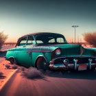 Vintage Car with Peeling Turquoise Paint in Desert Twilight