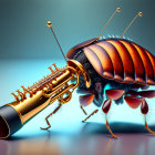 Surreal cockroach illustration with brass trumpet parts on blue background