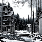 Serene winter scene with snow-covered cabins and coniferous trees