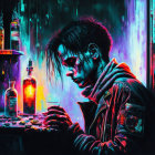 Digital artwork: Brooding figure at bar in neon-lit scene with blue and purple hues