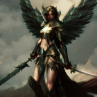 Female warrior with angelic wings in ornate armor and sword, draped in red cape, in mystical