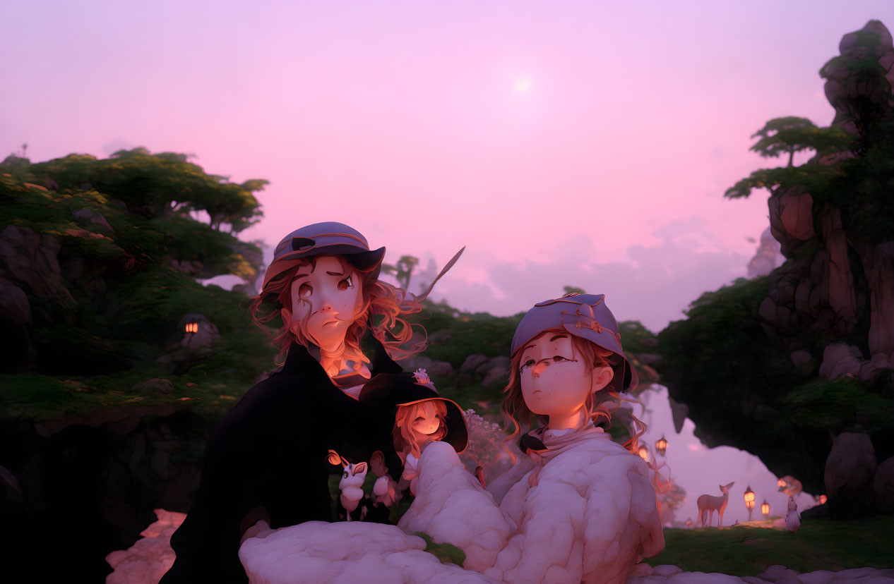 Animated characters in mystical landscape with sheep and lanterns