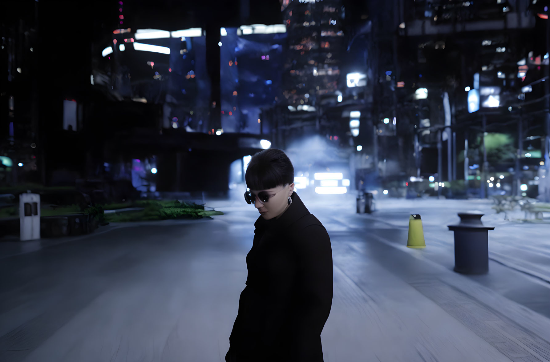Person in sunglasses on urban street at night with futuristic city lights