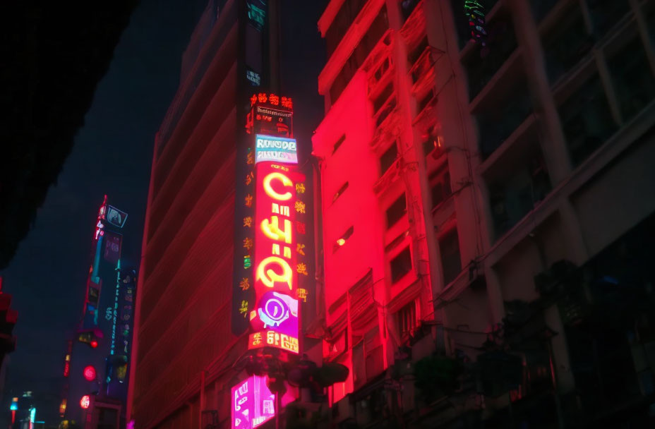Vibrant neon-lit urban street at dusk with glowing signs on buildings