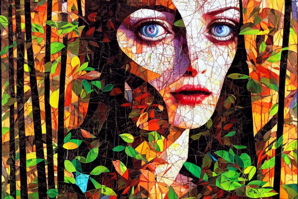 Colorful mosaic artwork featuring woman's face with intense blue eyes and leafy foliage.