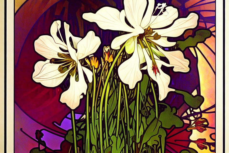 Detailed illustration: White flowers with yellow centers, bold outlines, vibrant background