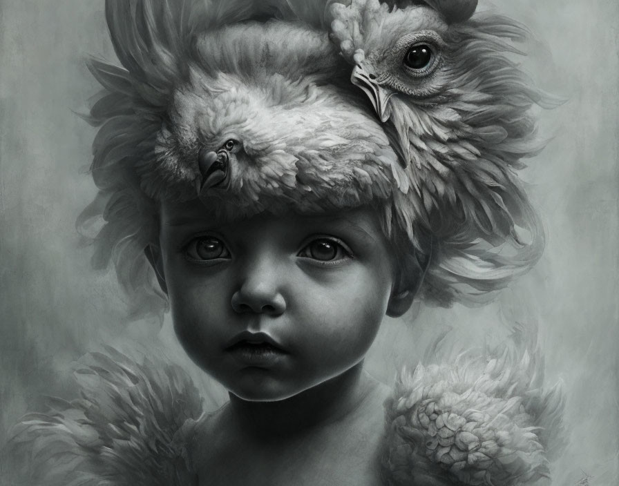 Monochromatic child's face merges with chicken feathers in fluffy silhouette