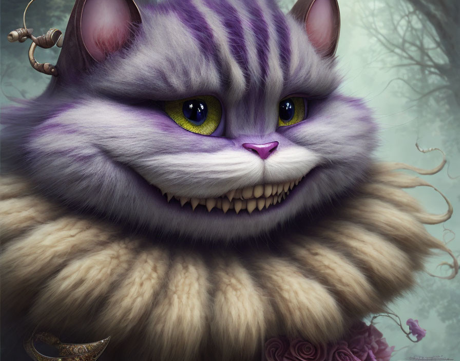 Whimsical chubby purple-striped cat with sharp teeth in misty forest