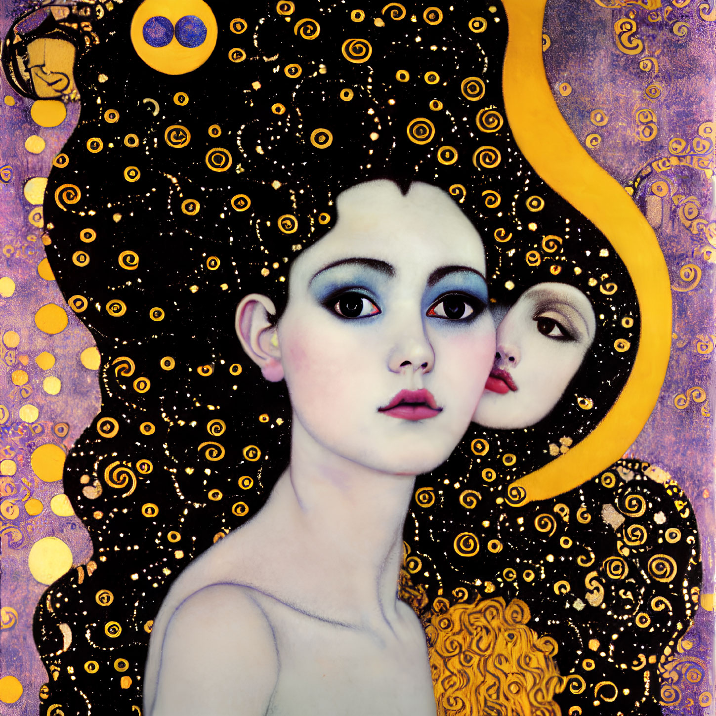 Stylized painting of two faces with large eyes and swirling yellow patterns on a dark background.