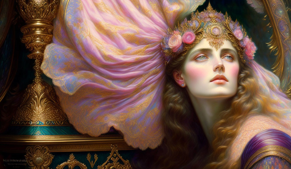 Ethereal woman with wavy hair and golden headdress gazes thoughtfully