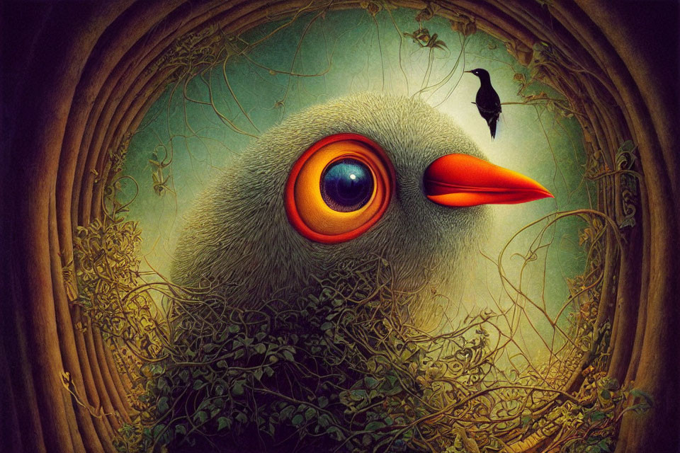 Large Bird with Vibrant Orange Beak and Eye in Surreal Artwork