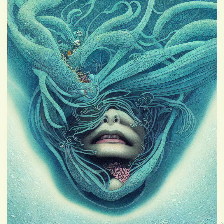 Detailed surreal portrait with submerged face and tentacle-like forms.