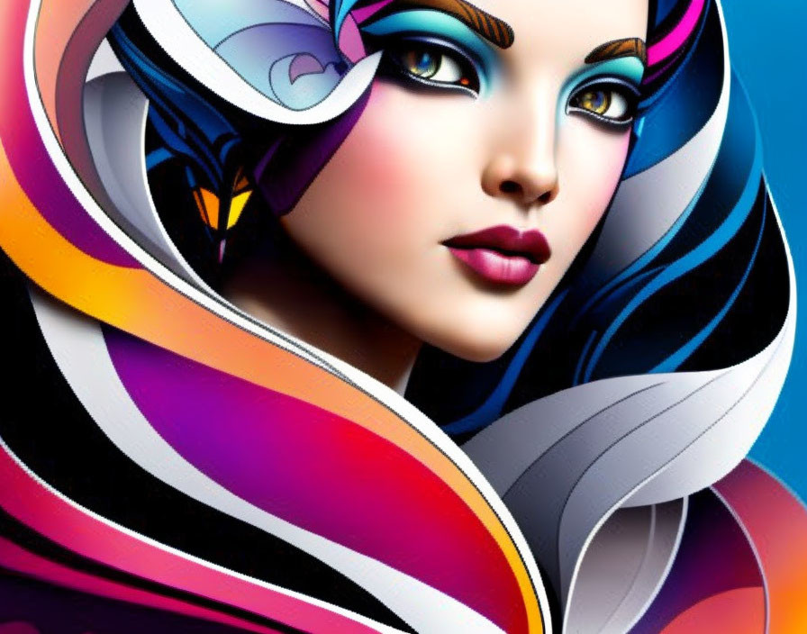 Colorful digital illustration of a woman with swirling hair and bold makeup.