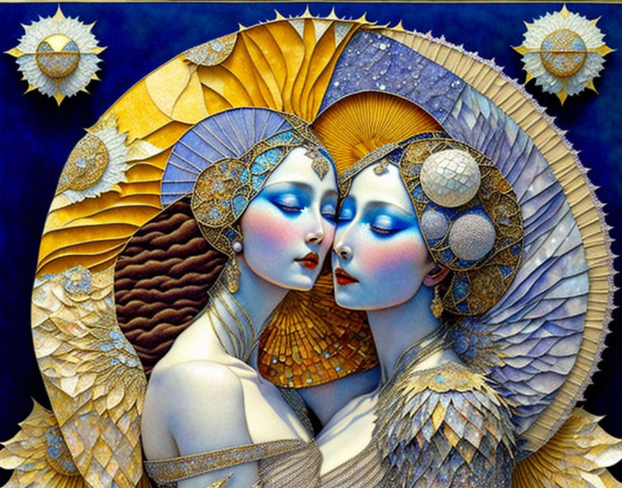 Stylized female figures with ornate headdresses in gold and blue on dark background
