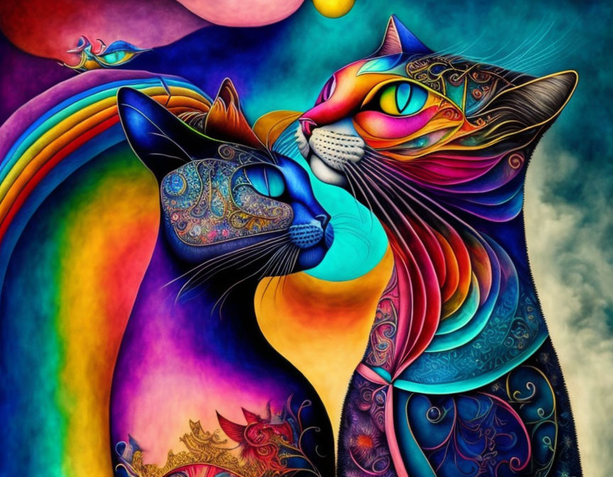 Colorful Stylized Cat Artwork with Rainbow Patterns