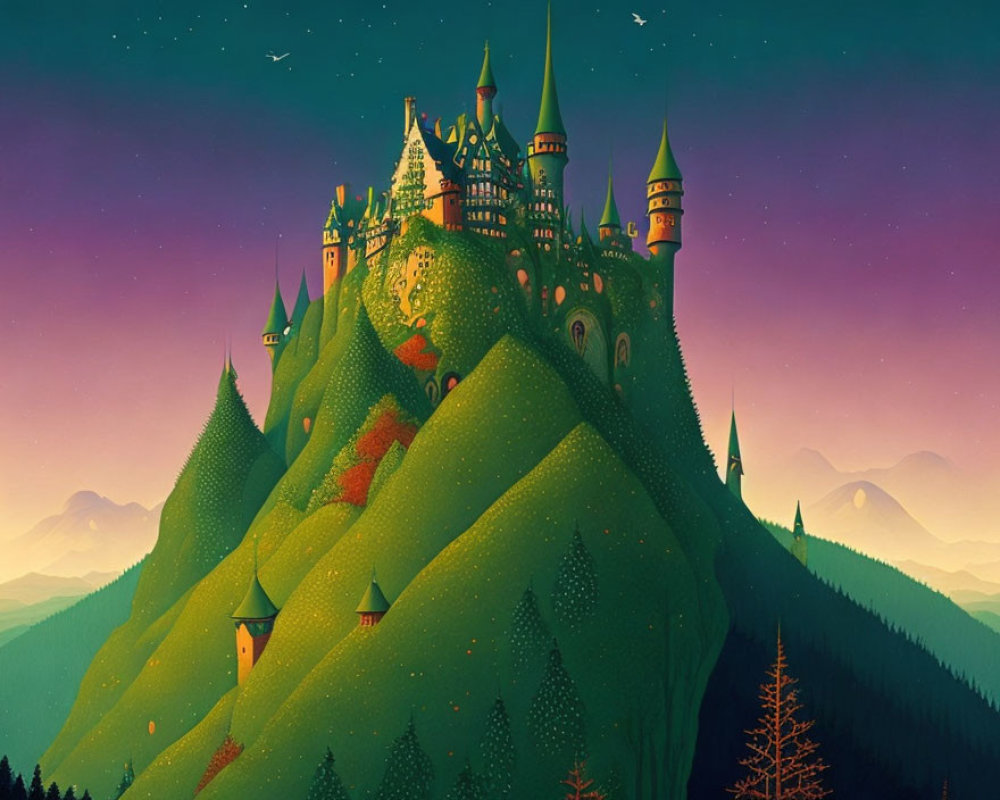 Vibrant landscape with whimsical castle on green hill under twilight sky
