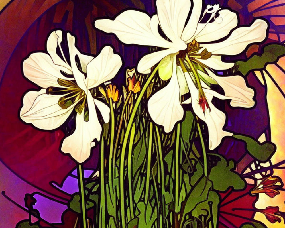 Detailed illustration: White flowers with yellow centers, bold outlines, vibrant background