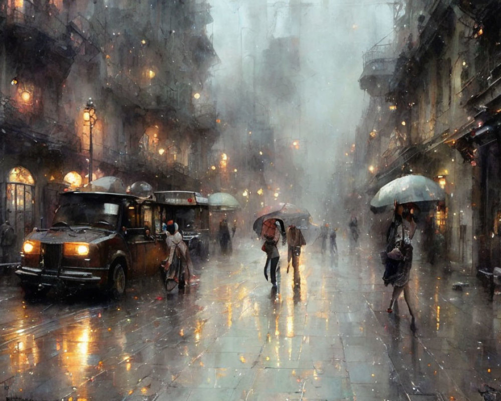 City Street Scene: Rain, Reflecting Lights, Umbrellas, Classic Cars