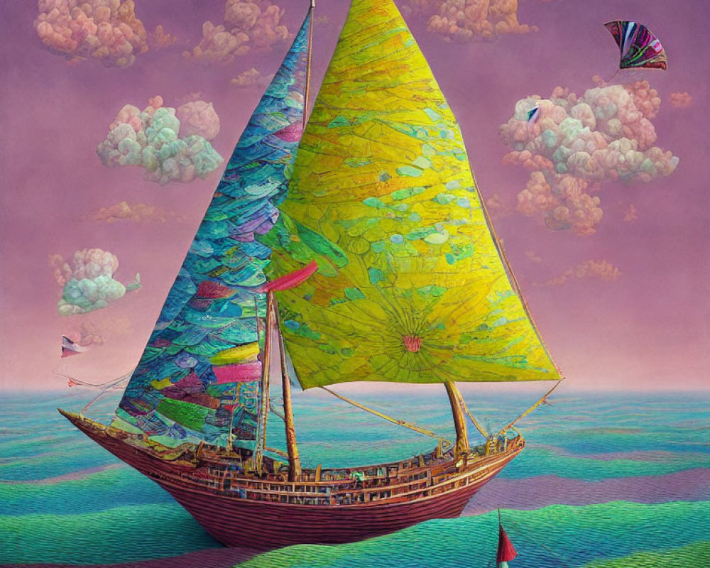 Colorful Sailboat with Patchwork Sails Sailing on Vibrant Sea under Purple Sky