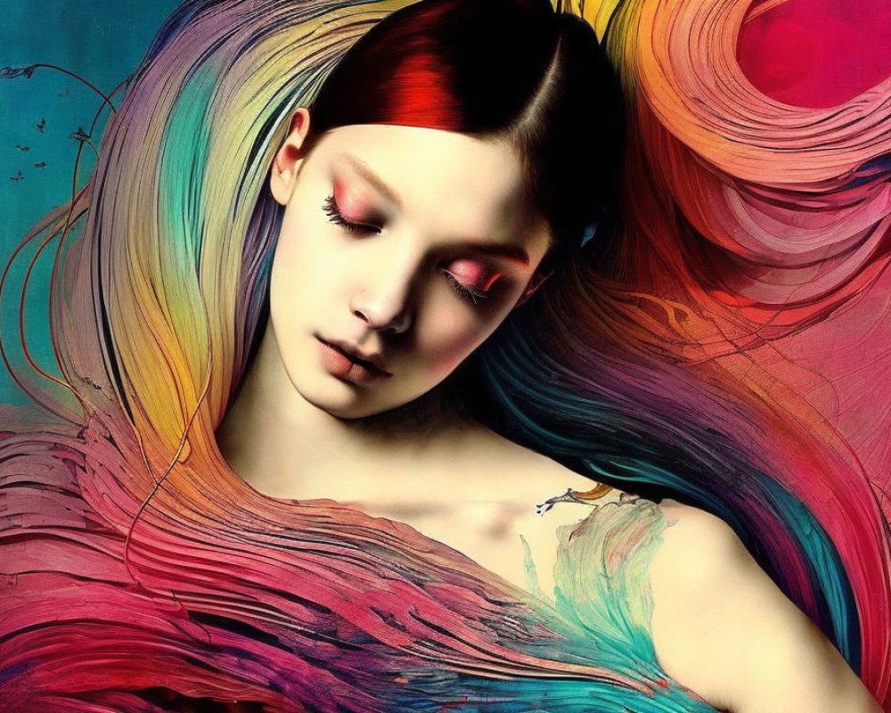 Colorful flowing hair and vibrant makeup in artistic fantasy style