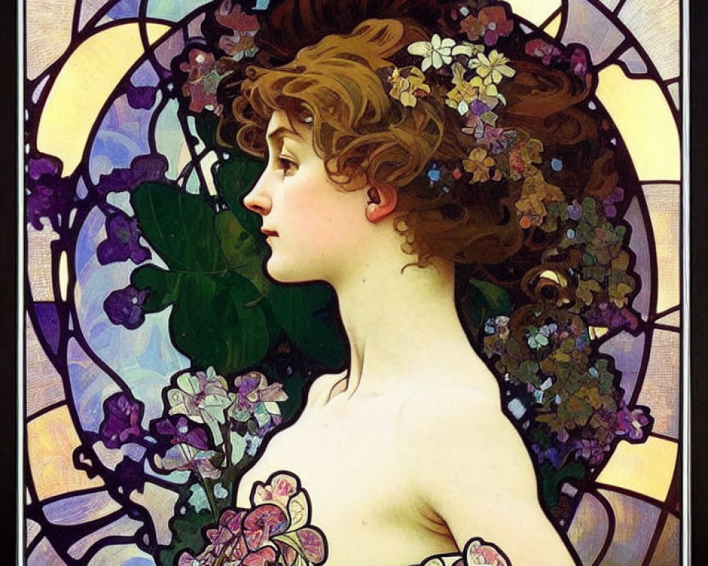 Art Nouveau Woman Illustration with Flowing Hair and Floral Halo