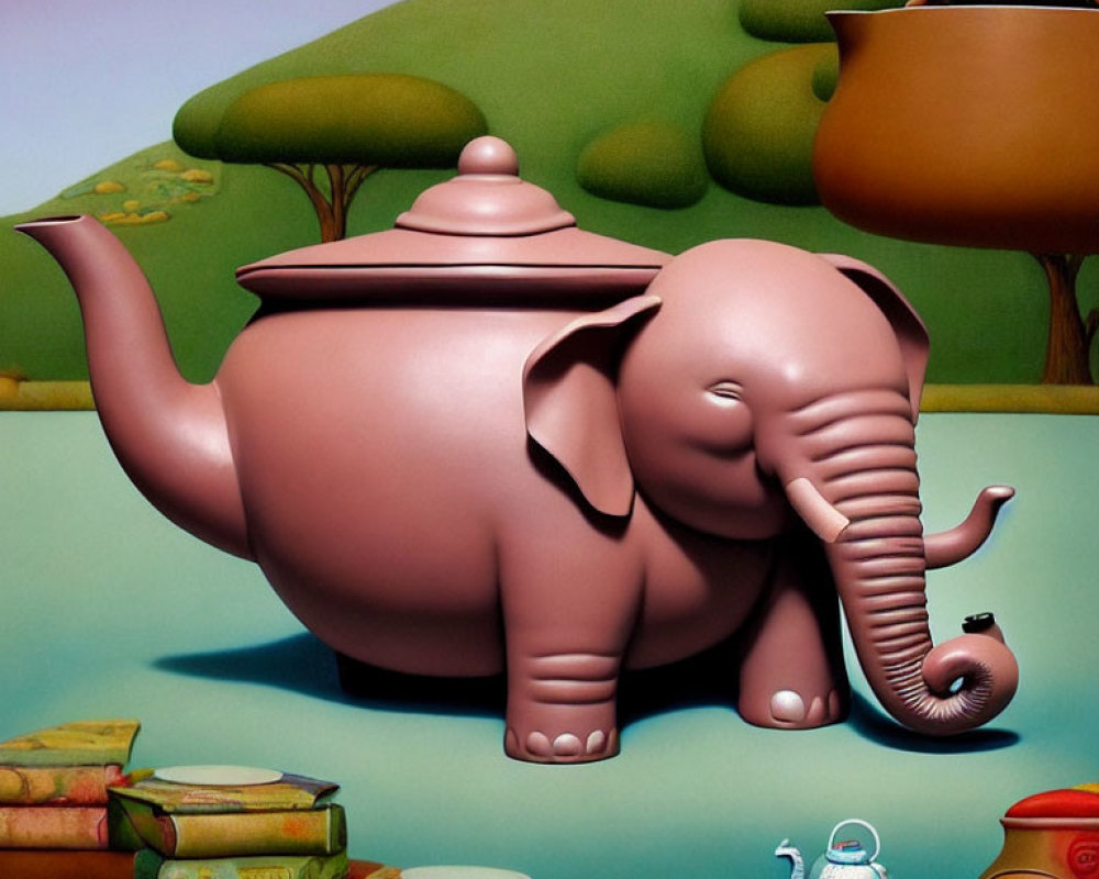 Surreal painting featuring elephant teapot, books, and pottery
