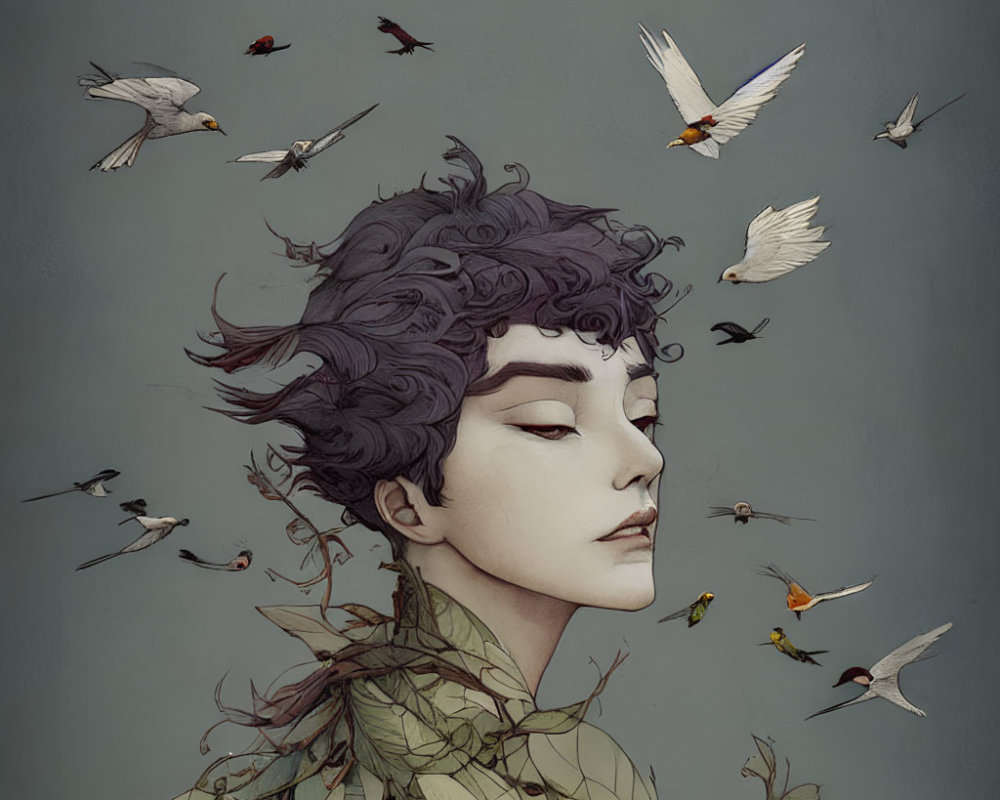 Purple-haired person with leafy shoulders and birds on grey background