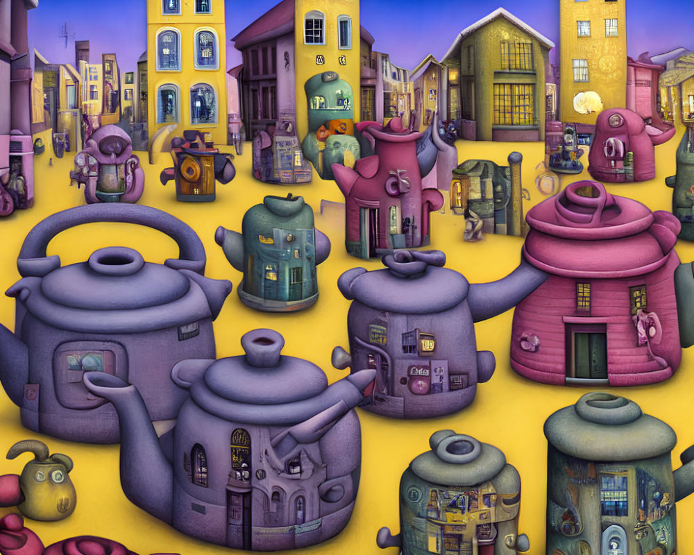 Whimsical, colorful artwork of teapot-shaped town with anthropomorphic buildings