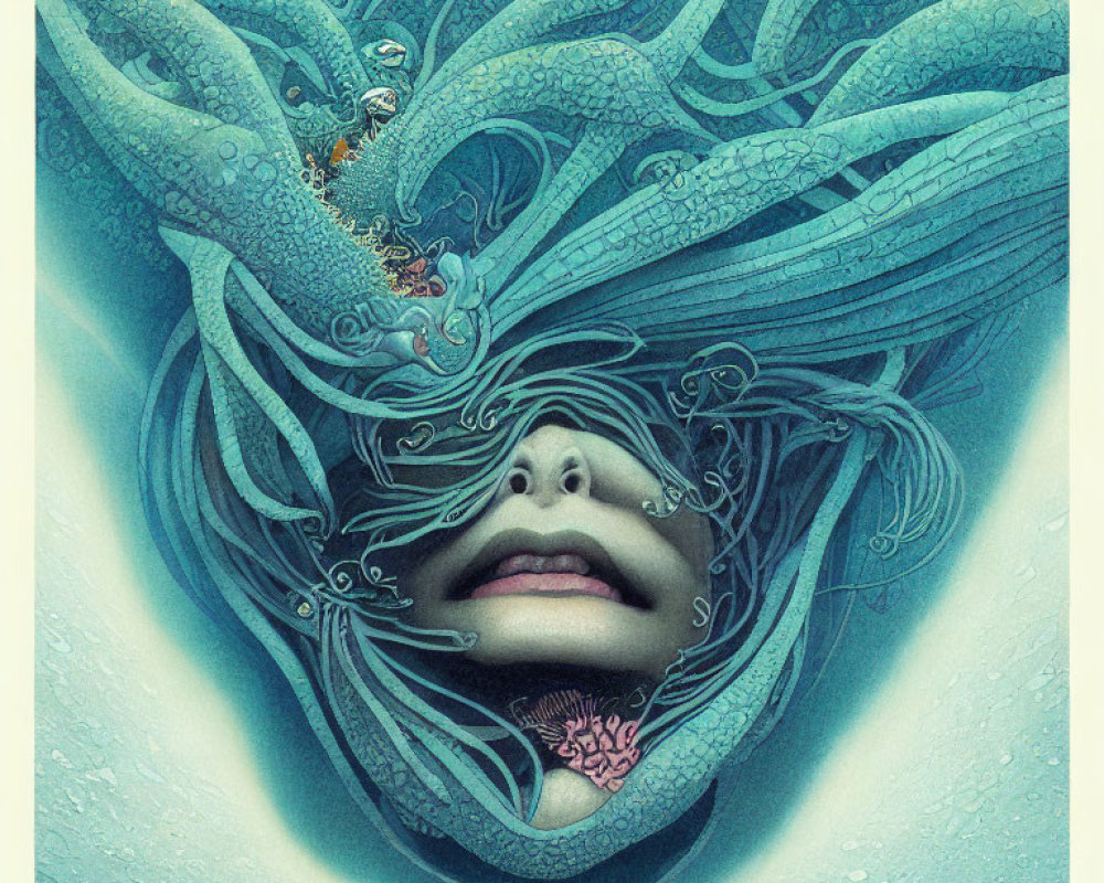 Detailed surreal portrait with submerged face and tentacle-like forms.