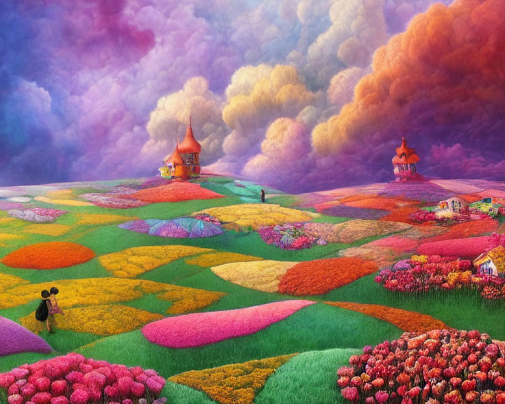 Colorful landscape with patchwork fields and whimsical houses under a dramatic purple-clouded sky