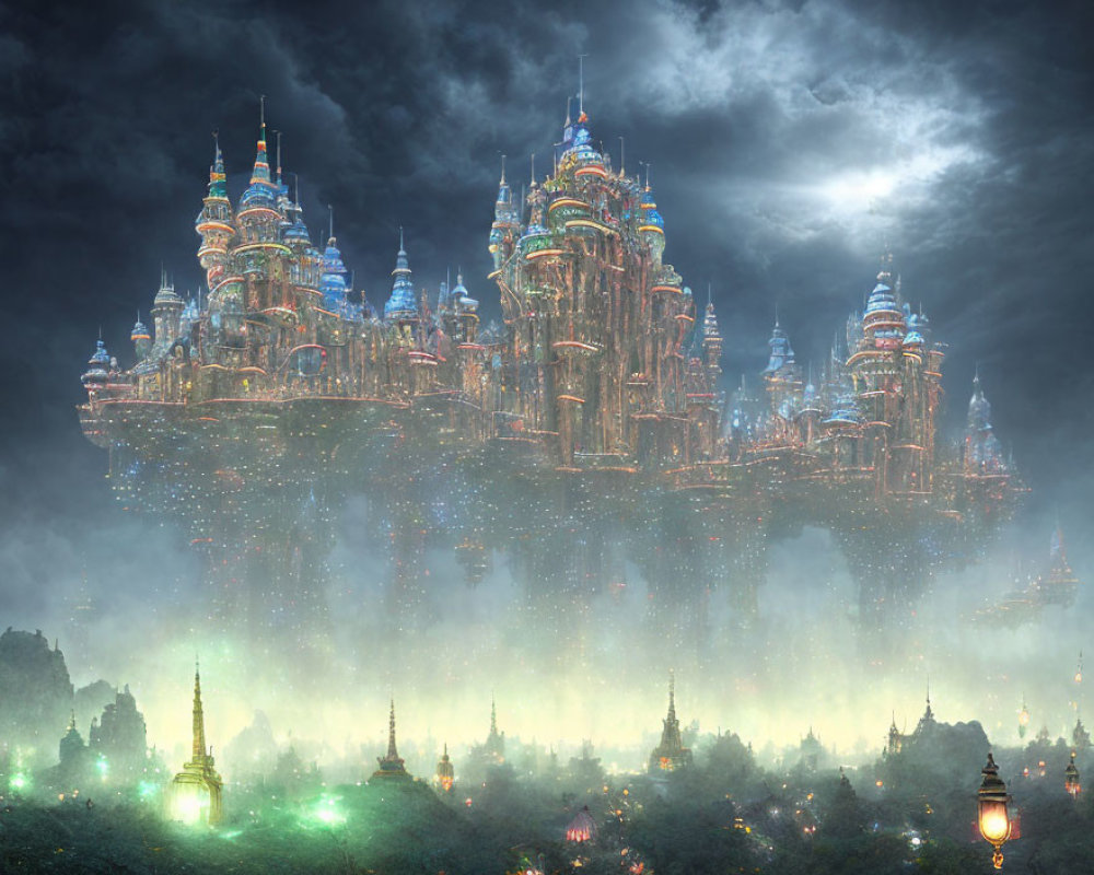 Moonlit cityscape with towering spires and ethereal lights in misty setting
