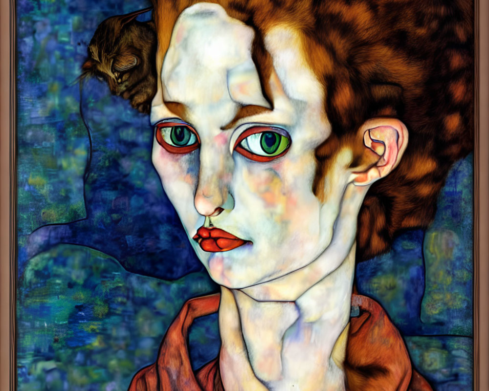 Vibrant portrait featuring person with heterochromia, curly hair, and rodent, set