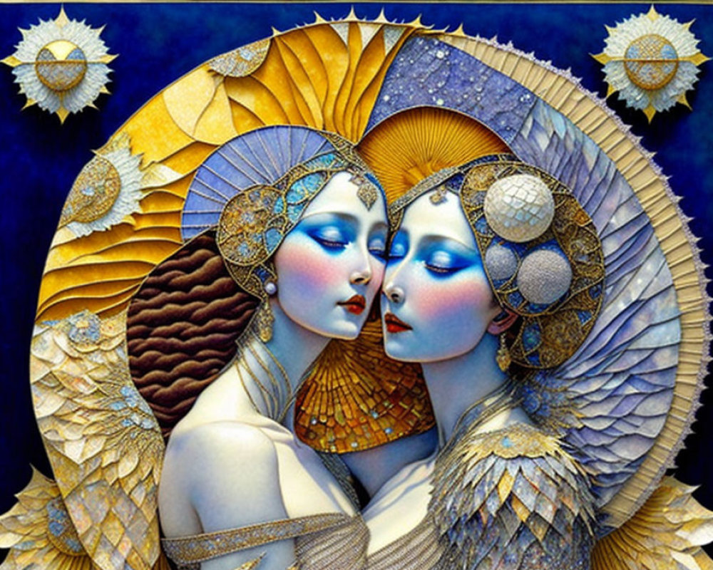 Stylized female figures with ornate headdresses in gold and blue on dark background