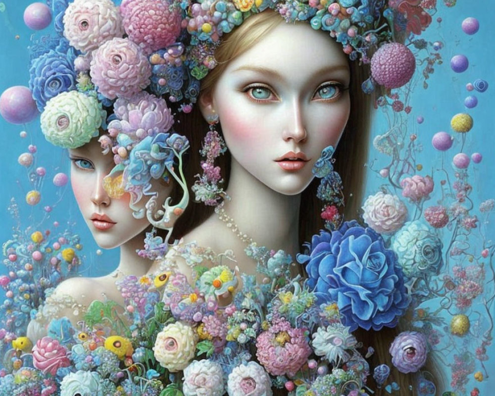 Fantasy digital artwork: Two female figures with floral headdresses in pastel tones