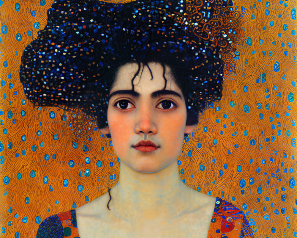 Intricate jeweled hairdo and ornate blue-orange background portrait