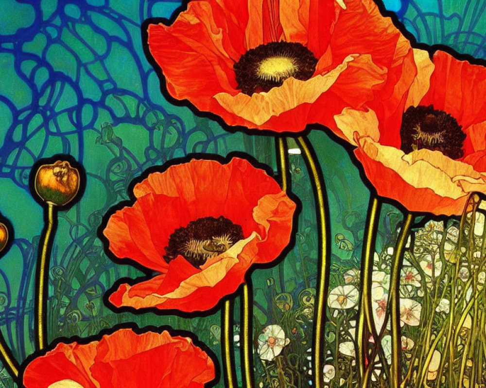 Vibrant red poppies on blue background with Art Nouveau style.